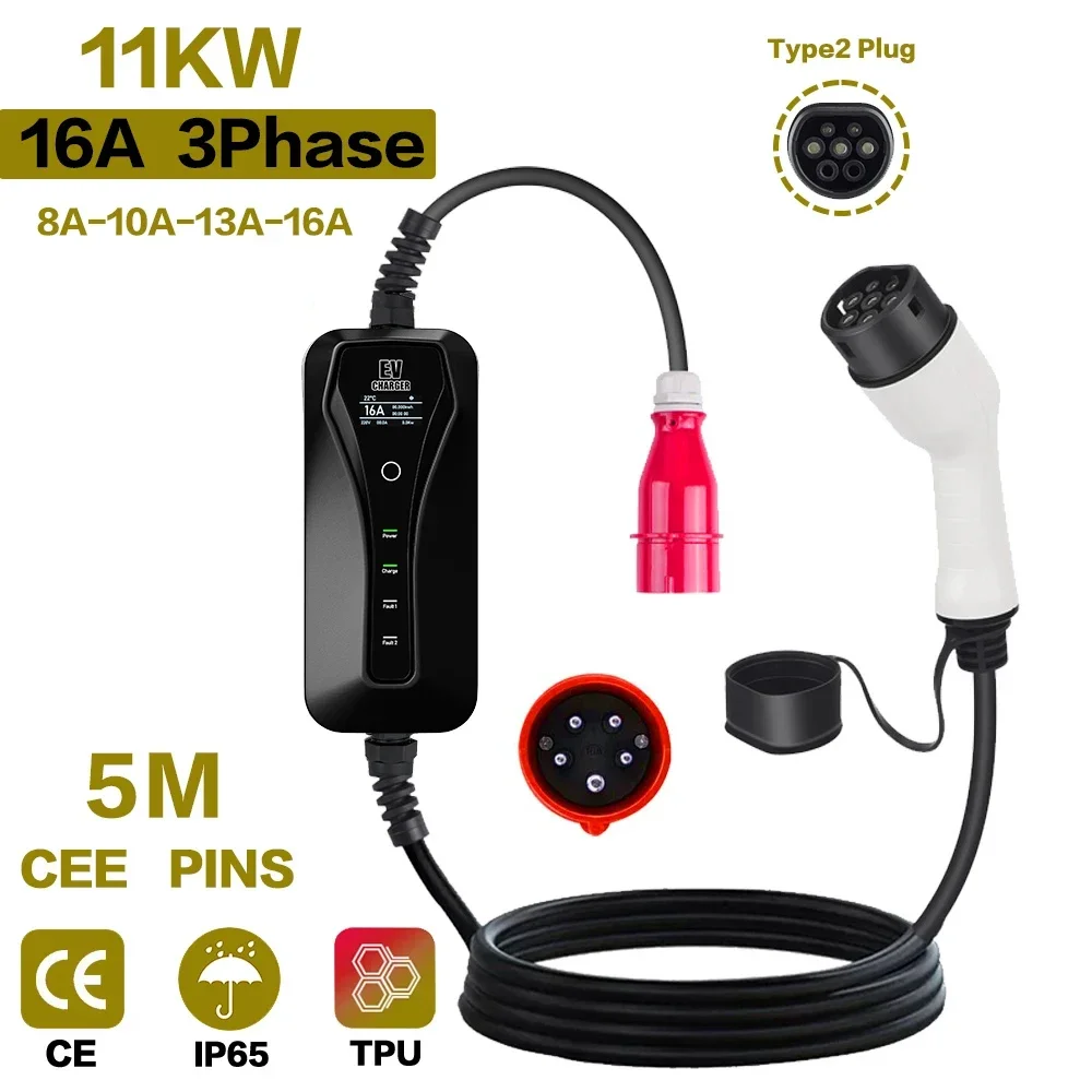 Type 2 Portable Ev Charger 11Kw Cee - 11KW 16A Draagbare EV-oplader Type2 Verstelbare